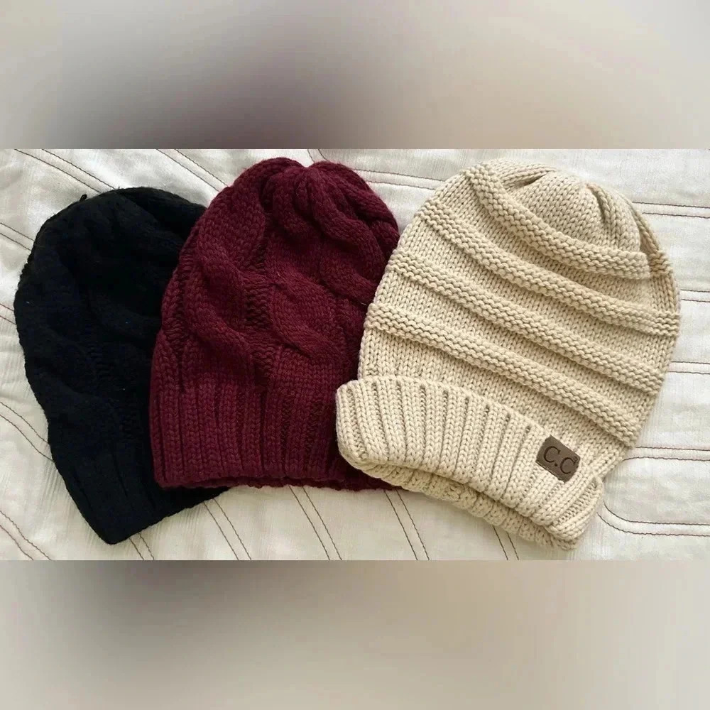 Cable Knit Beanies - Beige/Burgundy/Black - Lot Of 3